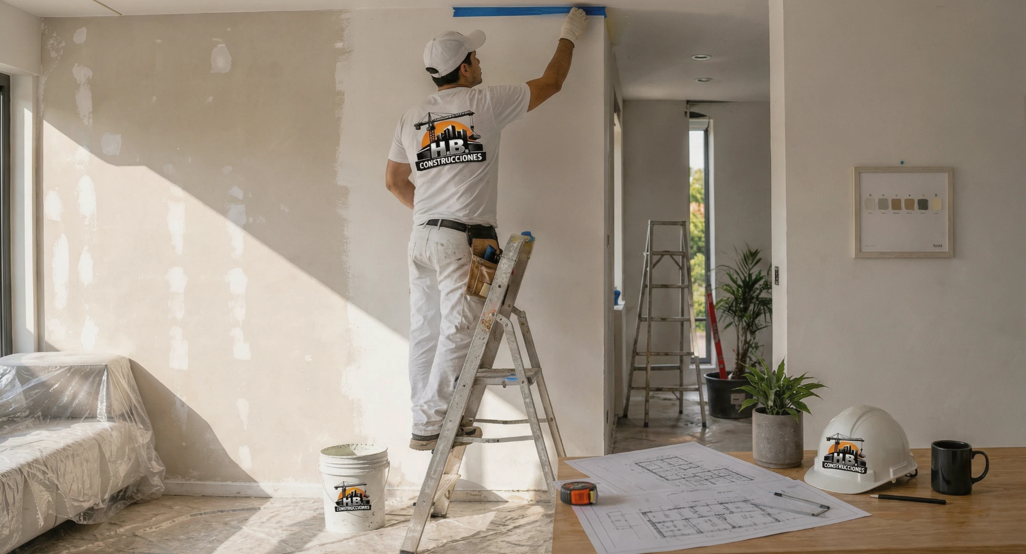 Profesional de HB Construcciones pintando una pared en una obra en curso